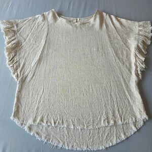 Umgee Womens Small Beige Linen‎ Blend Fringed Flutter Sleeve Top Boho Blouse